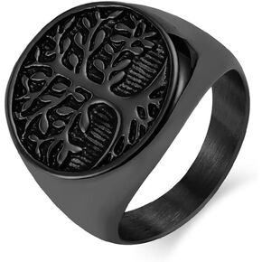 IFUAQZ Men's Stainless Steel Vintage Gold Plated Tree of Life Ring Signet Biker Band Round Top