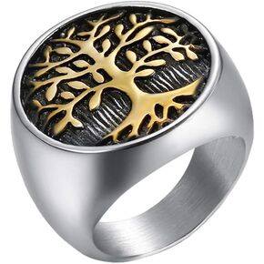 IFUAQZ Men's Stainless Steel Vintage Gold Plated Tree of Life Ring Signet Biker Band Round Top