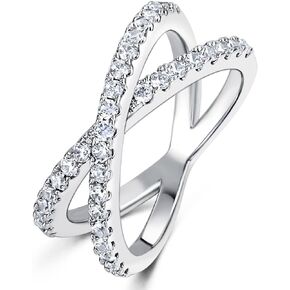 MDFUN 18K White Gold Plated Rhodium Cubic Zirconia Band Cross X Ring for Women Engagement Wedding