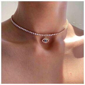 Erimberate Bohemian Sapphire Devil Eye Choker Necklace Gold Tennis Crystal Chain Necklace Blue Cz Eye Pendant Necklace Paved Rhinestone Evil Eye Collar Necklace Jewelry for Women and Girls Gifts