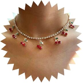 Boho Crystal Cherry Choker Necklace Vintage Cherry Tennis Chain Necklace Red Cherry Pendant Necklace Personalized Cherry Statement Necklace Jewelry for Women and Girls