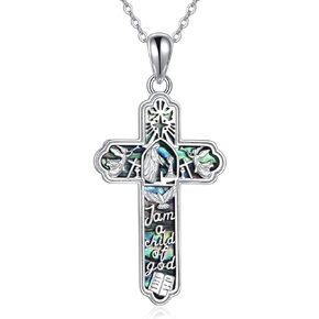 YONFQE Baptism Cross Necklace Sterling Silver Abalone Shell Cross Pendant Cross Jewelry Gift for Women Men Girls Boys