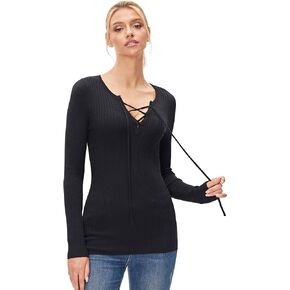 AmélieBoutik Women Notch V Neck Lace Up Long Sleeve Ribbed Sweater