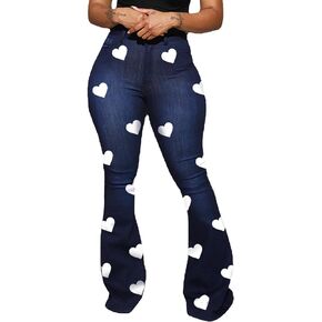 SEMATOMALA Women's Bodycon Denim Flared Leg Jeans Pants Heart Printed Color Contrast Slim Bell Bottom High Waist Trousers