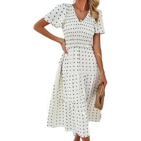 Galocmo Women Summer 2024 Smocked Midi Dress, Ruffle Short Sleeve V-Neck Flowy A-Line Tiered Swiss Dot Dresses with Pocket