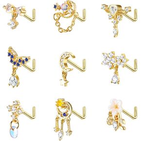 Dochais 9 قطع حلقات الأنف المتدلية 20 جرام ترصيع الأنف للنساء من الفولاذ المقاوم للصدأ على شكل حرف L حلقات الأنف قلب القمر ستار تشيكوسلوفاكيا زهرة أوبال تتدلى حلقات الأنف ثقب الأنف مجوهرات للنساء in Kuwait