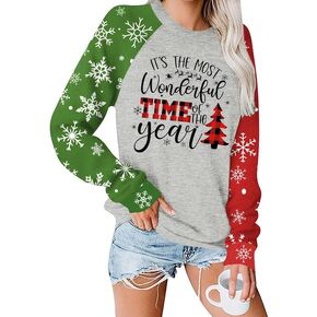 For G and PL Christmas Women's Raglan Long Sleeve Snowflake Plaid Graphic Holiday Sweatshirt