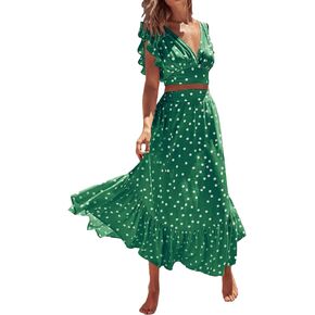 LYANER Women's Boho 2 Piece Outfits Polka Dots V Neck Crop Top and Elastic Waist Skirt Sets