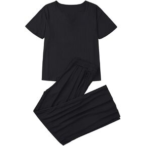 LYANER Women's Rib Knit V Neck Pants Pajams Sets Pjs Lounge