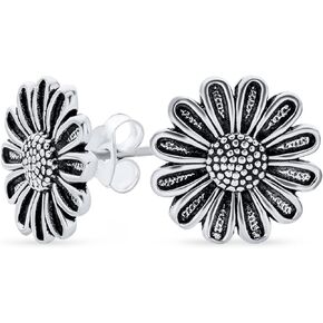 Romantic Style Floral Garden Party Flower You are My Sunshine Sunflower Black Rose Stud Earrings For Women Teens Oxidized .925 Sterling Silver