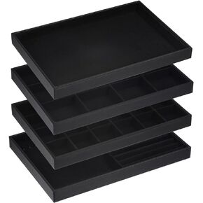 uxcell Jewelry Tray, 4 Pack - Stackable Jewelry Display Tray with Lid, Velvet Jewelry Organizer, Storage Box for Ring Earring Necklace Bracelet (Black)