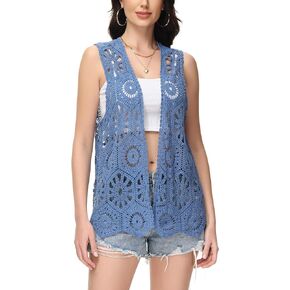 Anna-Kaci Womens Floral Crochet Cardigan Lace Trim Sleeveless Open Front Vest