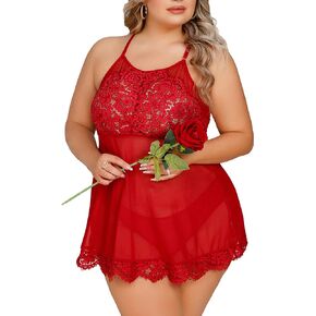 LOVESOFT Plus Size Sexy Lingerie For Women Babydoll Lace V Neck Nightwear with Underwear