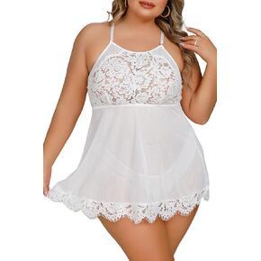LOVESOFT Plus Size Sexy Lingerie For Women Babydoll Lace V Neck Nightwear with Underwear