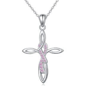 S925 Sterling Silver Butterfly Cross Pink Ribbon Pendant Necklace Breast Cancer Awareness Jewelry Gifts for Women