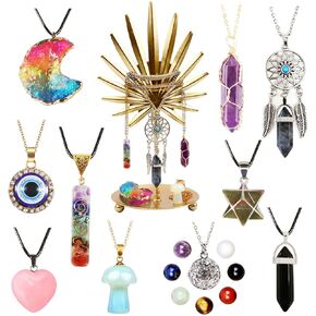 Constellation energy Healing Crystal Necklace Bullet Shape Energy Gemstone Pendant with Adjustable Chain，for Meditation ，Balance，Birthday Gifts (Colorful)