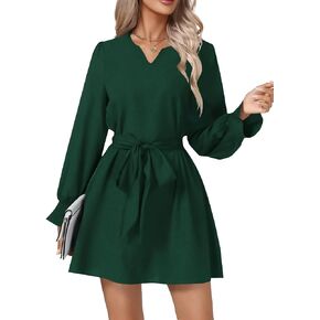 Vrtige Women's Casual V Neck Tie Waist Long Sleeve Flowy Ruffle Hem A Line Mini Dress