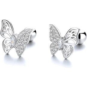 18G Cute Butterfly Stud Earrings Sterling Silver 925 Dainty Cubic Zriconia Crystal Cartilage Tragus Helix Earring Studs Barbell Bar with Screw Back Hypoallergenic Ear Piercing Jewelry Gifts for Women