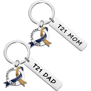 CHOORO Down Syndrome Awareness Gift T21 Mom/Dad Ribbon Keychain Set Blue and Yellow Awareness Jewelry