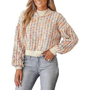 CUPSHE Women Sweater Round Neck Sweater Multicolored Casual Tops Long Puff Sleeves
