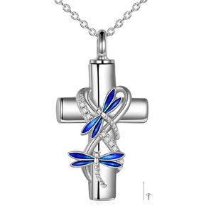 POPLYKE Dragonfly Cross Urn Necklace for Ashes 925 Sterling Silver Cremation Jewelry Memorial Ash Dragonfly Pendant Keepsake Gifts
