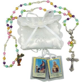 First Communion Gift Set for Girls with Rosary, White Lace Pouch, and Scapular, 3 Pieces
