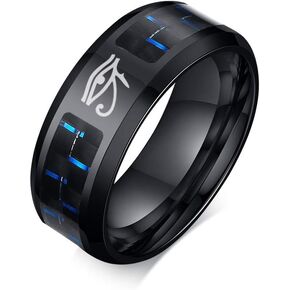 Hisatan Ancient Egyptian Symbol Eye of Horus Ankh Cross Protection Wedding Band Stainless Steel Carbon Fiber Inlay Ring for Men
