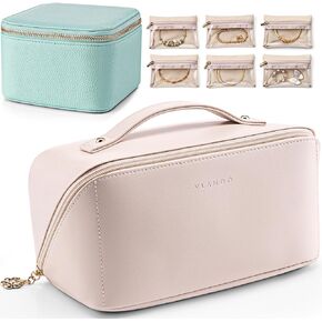 Vlando Travel Jewelry Case Box with 6 zipper Jewelry Bag Travel Makeup Cosmetic Bag Makeup Brushes Bag for Gift,Women,Girls