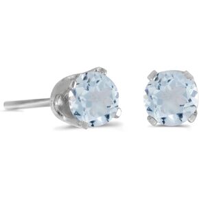14k White Gold Round Aquamarine Screw-back Stud Earrings 4 mm
