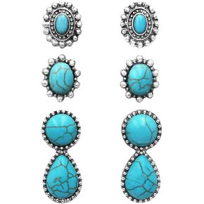 Rosemarie & Jubalee Women's Set of 3 Pairs Western Cowgirl Fun Concho Style Natural Howlite Post Back Earrings