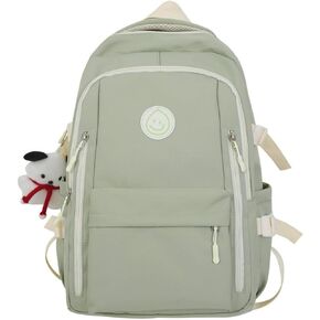 MININAI Preppy Backpack with Cute Pendant Women Smile Face Laptop Backpack Kawaii Lightweight Aesthetic College Backpack (Sage Green,One Size)