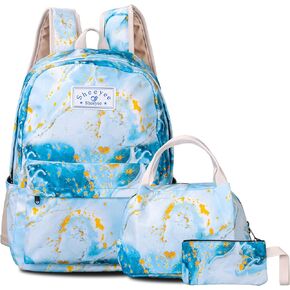 Teen Girls School Backpack with Matching Lunch Box Pencil Case Marble Bookbag Laptop for Middle School