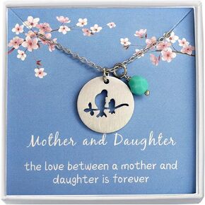Mother's Jewelry Birthday Gift Ideas for Mom Daughter Mother Daughter Stainless Steel Bird Necklace with Aqua Blue Glass Beads