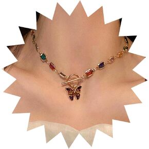 WZNBBOY Crystal Pendant Butterfly Necklace Choker Multicolor Stone Crystal Oval Necklace Dainty Cute butterfly Necklace with OT Clasp Summer Beach Jewerly for Women Girls