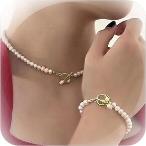 2Pcs Pearl Necklace for Women Vintage Choker Necklace Tulip Necklace and Bracelet Set Jewelry Gift for Girls