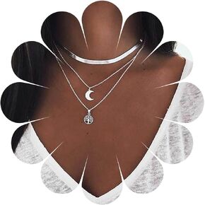 Allereyae Vintage Layered Family Tree Necklace Tree of Life Necklace Crescent Moon Pendant Necklace Silver Moon Choker Necklace Jewelry for Women and Girls