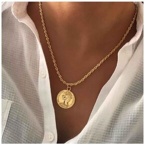Allereyae Boho Coin Medallion Necklace Gold Head Coin Pendant Necklace Retro Disc Choker Necklace Vintage Portrait Coin Necklaces Twist Chain Necklace Jewelry for Women and Girls