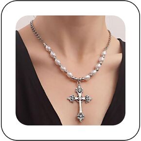 Punk Cross Pendant Necklace Silver Pearl Choker Necklace Vintage Jesus Cross Necklace Chain Gothic Cross Necklace Necklace Jewelry for Women and Girls