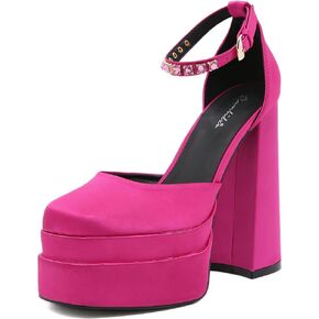Womens Platform Chunky High Block Heels Ankle Strap Buckles Satin Heels Pumps Fashion Dress Party Shoes