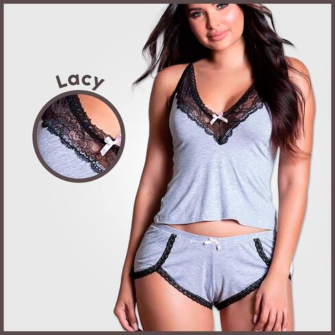balberi Women Cami Pajama Set Modal Sleepwear Lace Trim Short Set | V Neck Pajama Lace Nightwear Sleepwear Lounge Sets in Saudi Arabia