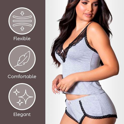 balberi Women Cami Pajama Set Modal Sleepwear Lace Trim Short Set | V Neck Pajama Lace Nightwear Sleepwear Lounge Sets in Saudi Arabia