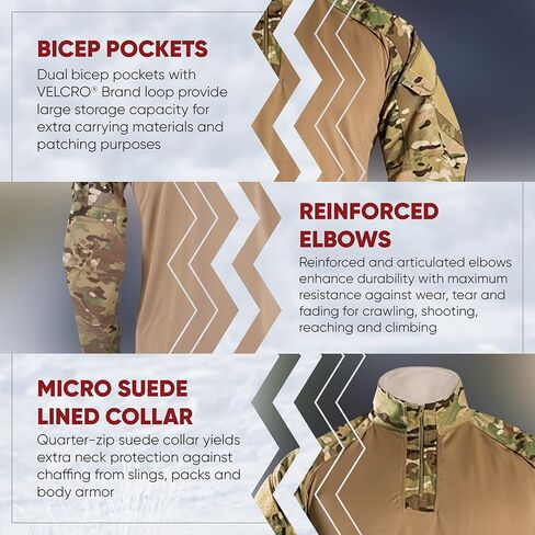 Vertx Men's Recon Combat Shirt Long Sleeve, Breathable Tactical Top Mini Rip-Stop Fabric, with Quarter Zip, Bicep Pockets in Kuwait