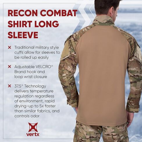 Vertx Men's Recon Combat Shirt Long Sleeve, Breathable Tactical Top Mini Rip-Stop Fabric, with Quarter Zip, Bicep Pockets in Kuwait