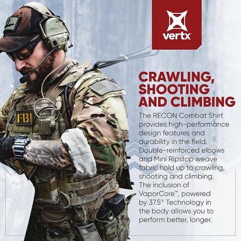 Vertx Men's Recon Combat Shirt Long Sleeve, Breathable Tactical Top Mini Rip-Stop Fabric, with Quarter Zip, Bicep Pockets in Kuwait