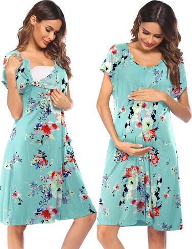 Ekouaer Maternity Hospital Gowns Delivery/Labor/Nursing Nightgown Women's Pregnancy Gown Sleepwear for Breastfeeding Light Blue&Pink Flower M in Saudi Arabia