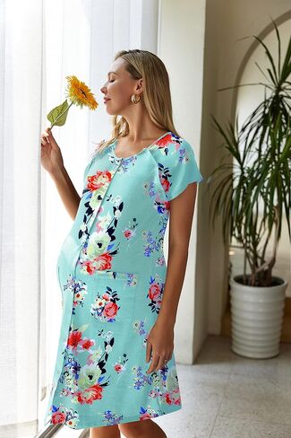 Ekouaer Maternity Hospital Gowns Delivery/Labor/Nursing Nightgown Women's Pregnancy Gown Sleepwear for Breastfeeding Light Blue&Pink Flower M in Saudi Arabia