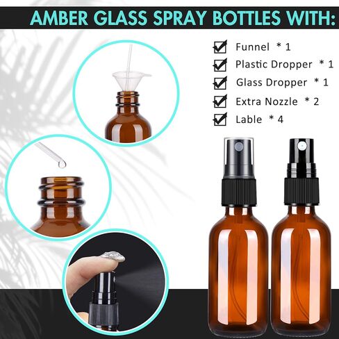 HOOPLE 2 oz Amber Glass Spray Bottles 4PACK for Essential Oils, Refillable Empty Small Glass Spray Bottles with Fine Mist, Portable Glass Spray Bottle for Skin Care, with Glass dropper and Funnel. in Saudi Arabia
