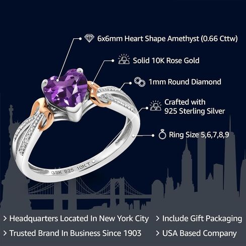 Gem Stone King 925 Sterling Silver and 10K Rose Gold Purple Amethyst and Diamond Heart Shape Ring For Women (0.66 Cttw, Gemstone Birthstone, Available In Size 5, 6, 7, 8, 9) in Saudi Arabia