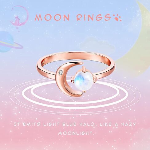 JIANGYUE Moonstone Ring حلقات قابلة للتعديل للنساء مطلية بالذهب الوردي، حلقات قمر زركونيا مكعبة للفتيات المراهقات، حلقة القمر المفتوحة حلقة قابلة للتعديل مقاس 6-10 in Kuwait