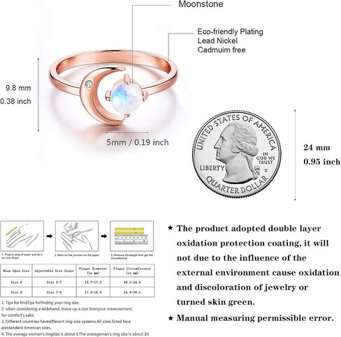 JIANGYUE Moonstone Ring حلقات قابلة للتعديل للنساء مطلية بالذهب الوردي، حلقات قمر زركونيا مكعبة للفتيات المراهقات، حلقة القمر المفتوحة حلقة قابلة للتعديل مقاس 6-10 in Kuwait